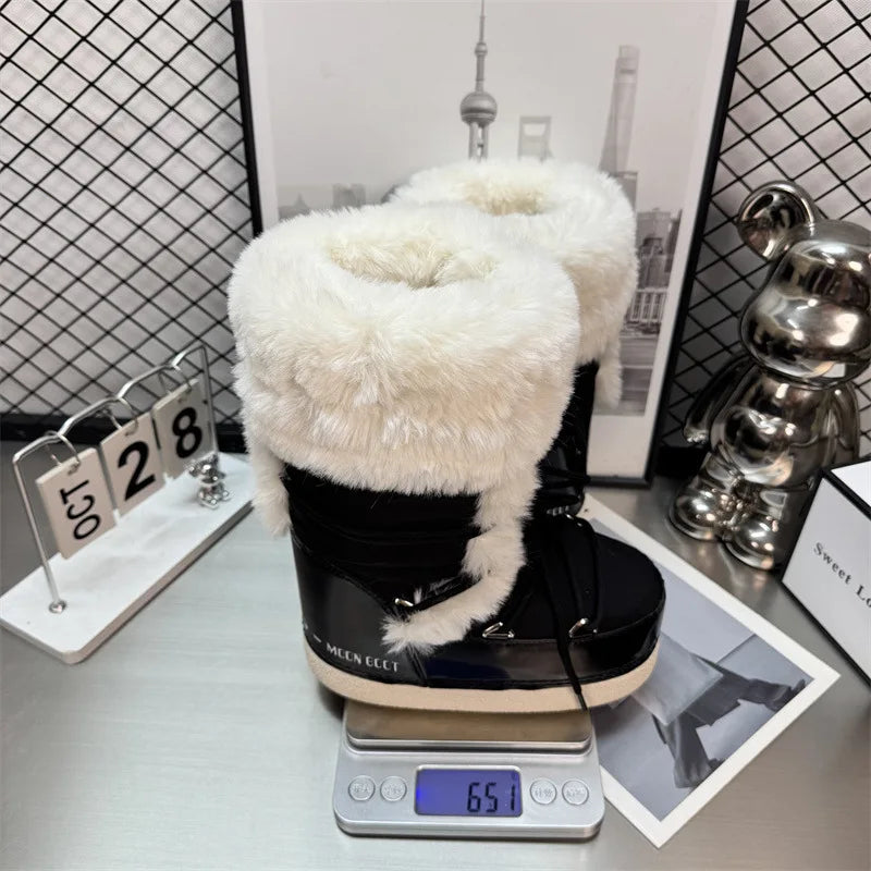 Botas de nieve impermeables para mujer con detalles de felpa, cordones y suela gruesa con dibujo – botas de invierno cálidas para días fríos, uso diario y actividades al aire libre