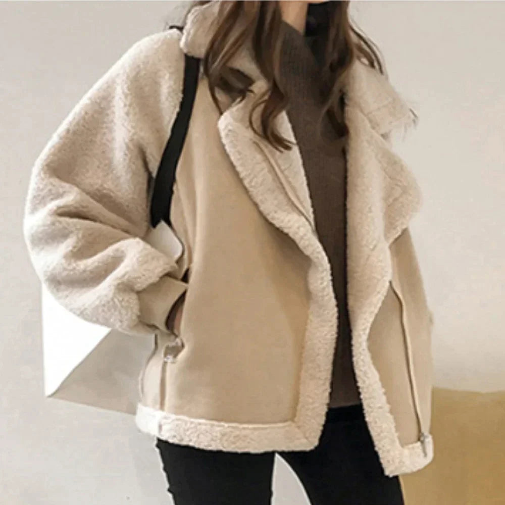 Dámská letecká bunda ve stylu shearlingu - teplé zimní oblečení na chladné dny, každodenní nošení, volný čas a styl smart casual