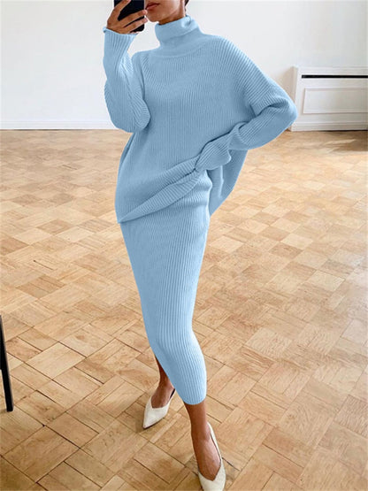 Women's Turtleneck Knit Set With Casual Long-Sleeve Sweater And Slim-Fit Midi Skirt - Elegant 2-Piece Set For Fall, Everyday Wear And Smart Casual Style