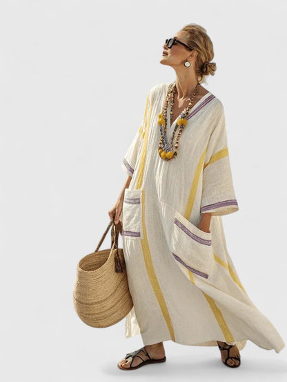 Women's Oversized Striped Kaftan Dress with V-Neck – Loose Maxi Dress for the Beach, Vacations, Summer, Leisure, and Everyday Wear
