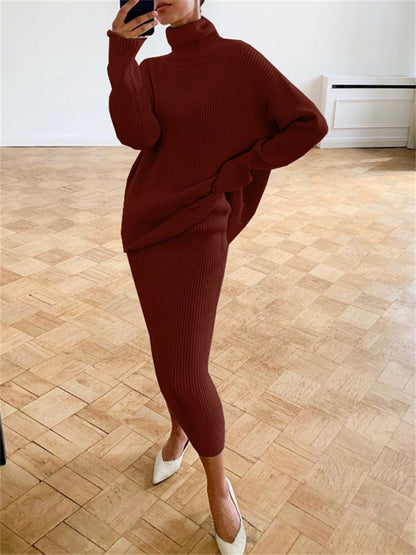 Women's Turtleneck Knit Set With Casual Long-Sleeve Sweater And Slim-Fit Midi Skirt - Elegant 2-Piece Set For Fall, Everyday Wear And Smart Casual Style