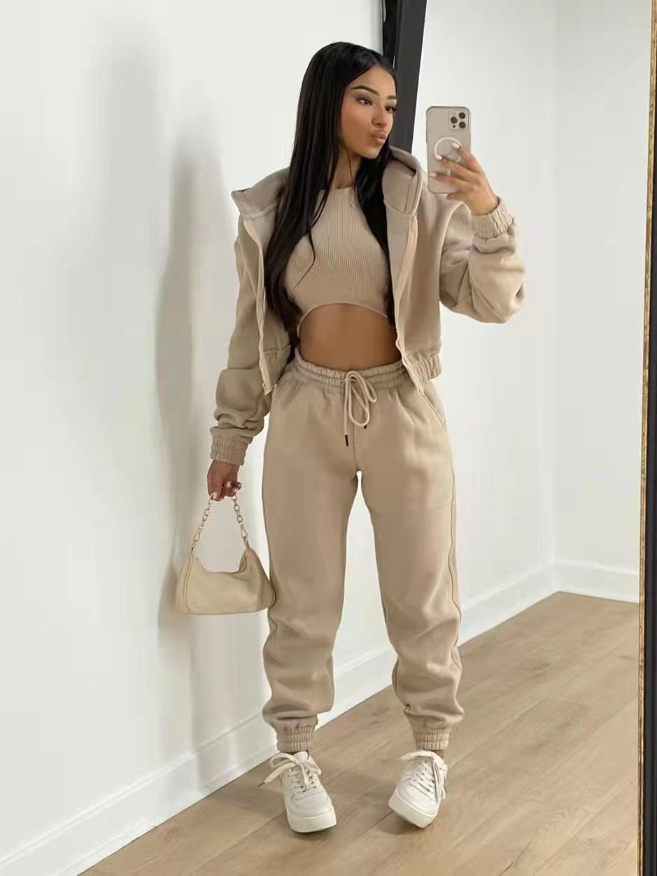Conjunto deportivo de 3 piezas para mujer con top corto, chaqueta con capucha y joggers – Conjunto abrigado para otoño, invierno, tiempo libre y uso diario