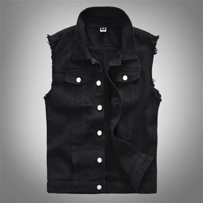 Chaleco vaquero desgastado para hombre, sin mangas, con cierre de botones, sisas deshilachadas y bolsillos en el pecho - Chaleco trucker casual para uso diario, ocio y estilo urbano