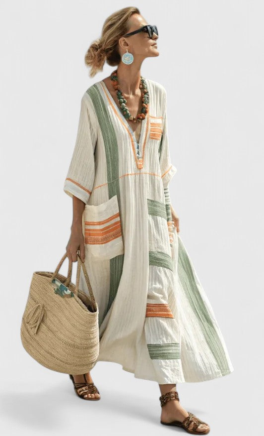 Women's Oversized Striped Kaftan Dress with V-Neck – Loose Maxi Dress for the Beach, Vacations, Summer, Leisure, and Everyday Wear