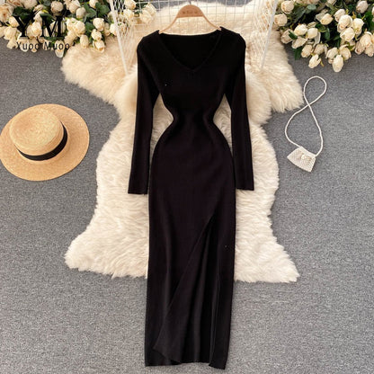 Dame Strikket Maxikjole – Stretch Bodycon Stil Med Høj Slids Til Efterår Og Vinter