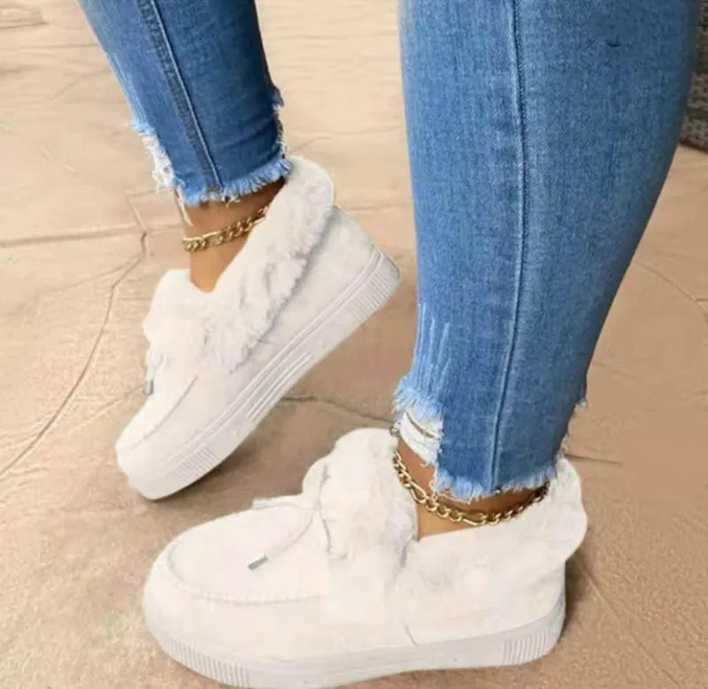 Mocasines de invierno para mujer forrados de felpa, con borde de piel sintética y suela de plataforma – loafers cálidos sin cordones para días fríos, uso diario y tiempo libre