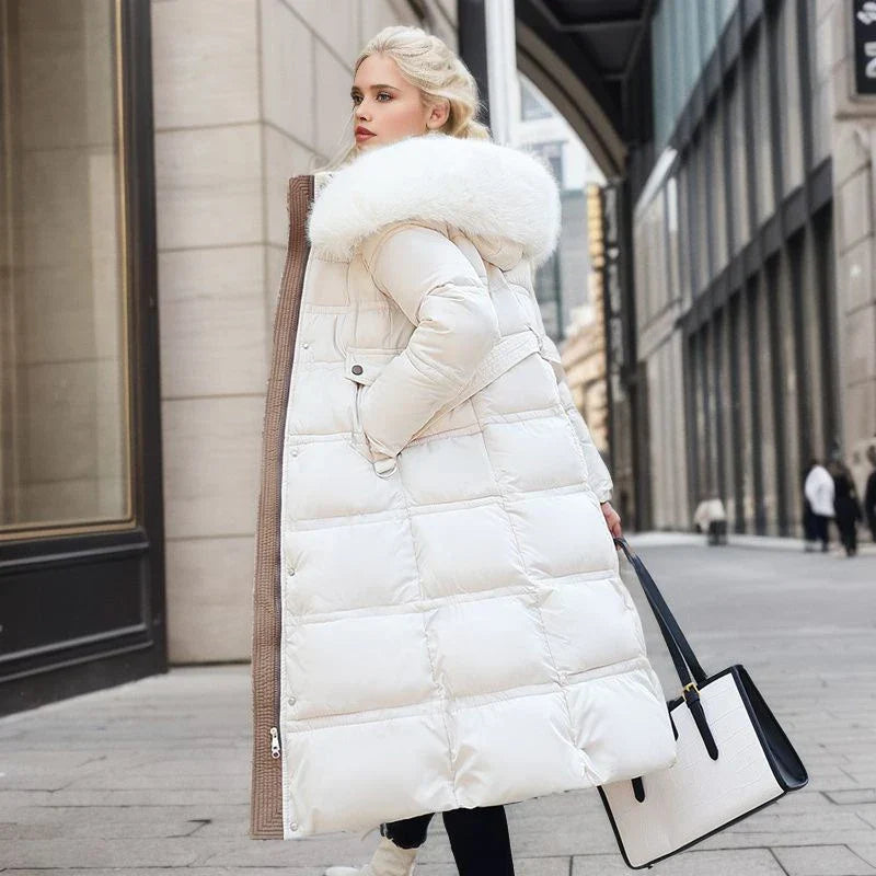 Abrigo puffer largo y acolchado para mujer con capucha y piel sintética - Prenda de abrigo cálida con cinturón y cintura marcada para los fríos días de invierno, el uso diario y las actividades al aire libre