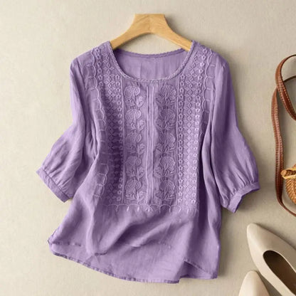 Women's Embroidered Blouse with a Round Neck – Casual Summer Top for Everyday Wear