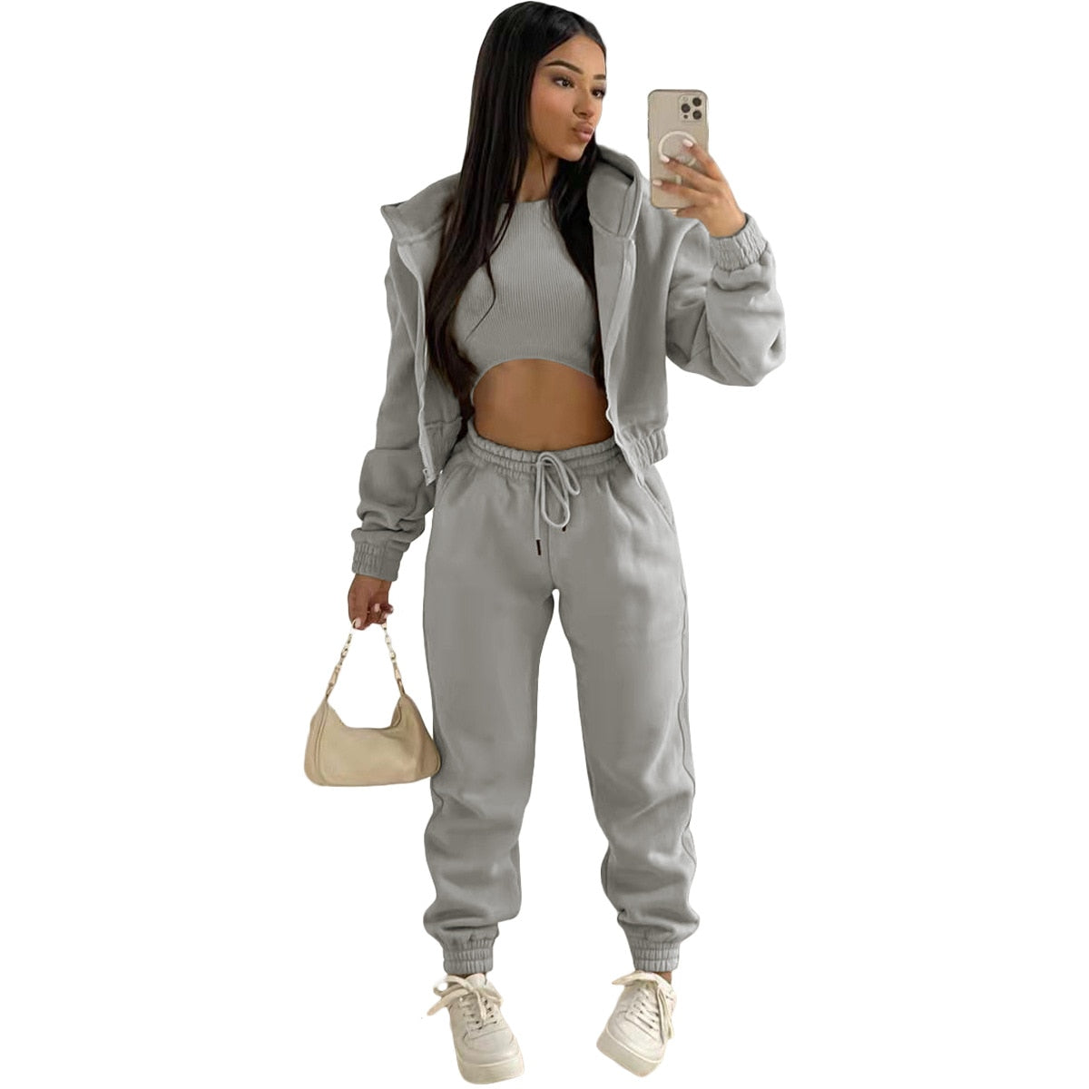 Conjunto deportivo de 3 piezas para mujer con top corto, chaqueta con capucha y joggers – Conjunto abrigado para otoño, invierno, tiempo libre y uso diario
