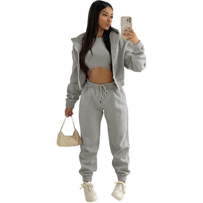 Conjunto deportivo de 3 piezas para mujer con top corto, chaqueta con capucha y joggers – Conjunto abrigado para otoño, invierno, tiempo libre y uso diario