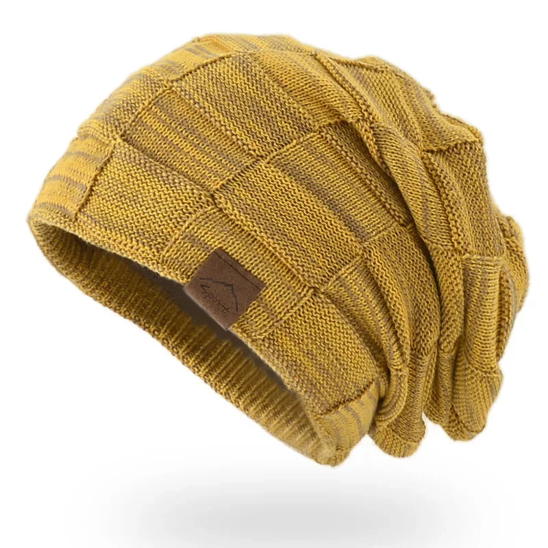 Dámská strukturovaná pletená čepice typu slouchy s pružností a ležérním patchworkovým designem - teplá zimní čepice na chladné dny, pro každodenní nošení a volný čas