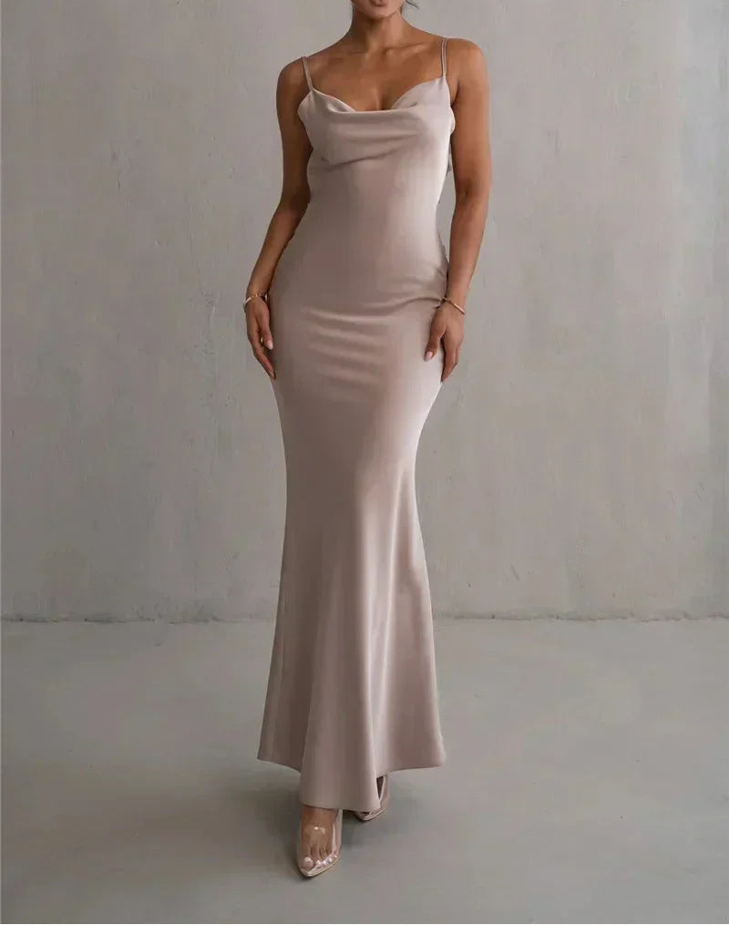 Women's satin maxi dress with a draped neckline and spaghetti straps - elegant fitted evening dress for weddings and formal events
