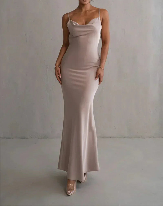 Rochie maxi din satin pentru femei, cu decolteu drapat și bretele subțiri – Rochie elegantă de seară, cambrată, pentru nunți și evenimente formale