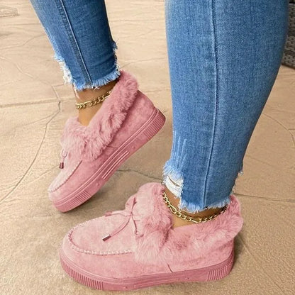 Mocasines de invierno para mujer forrados de felpa, con borde de piel sintética y suela de plataforma – loafers cálidos sin cordones para días fríos, uso diario y tiempo libre