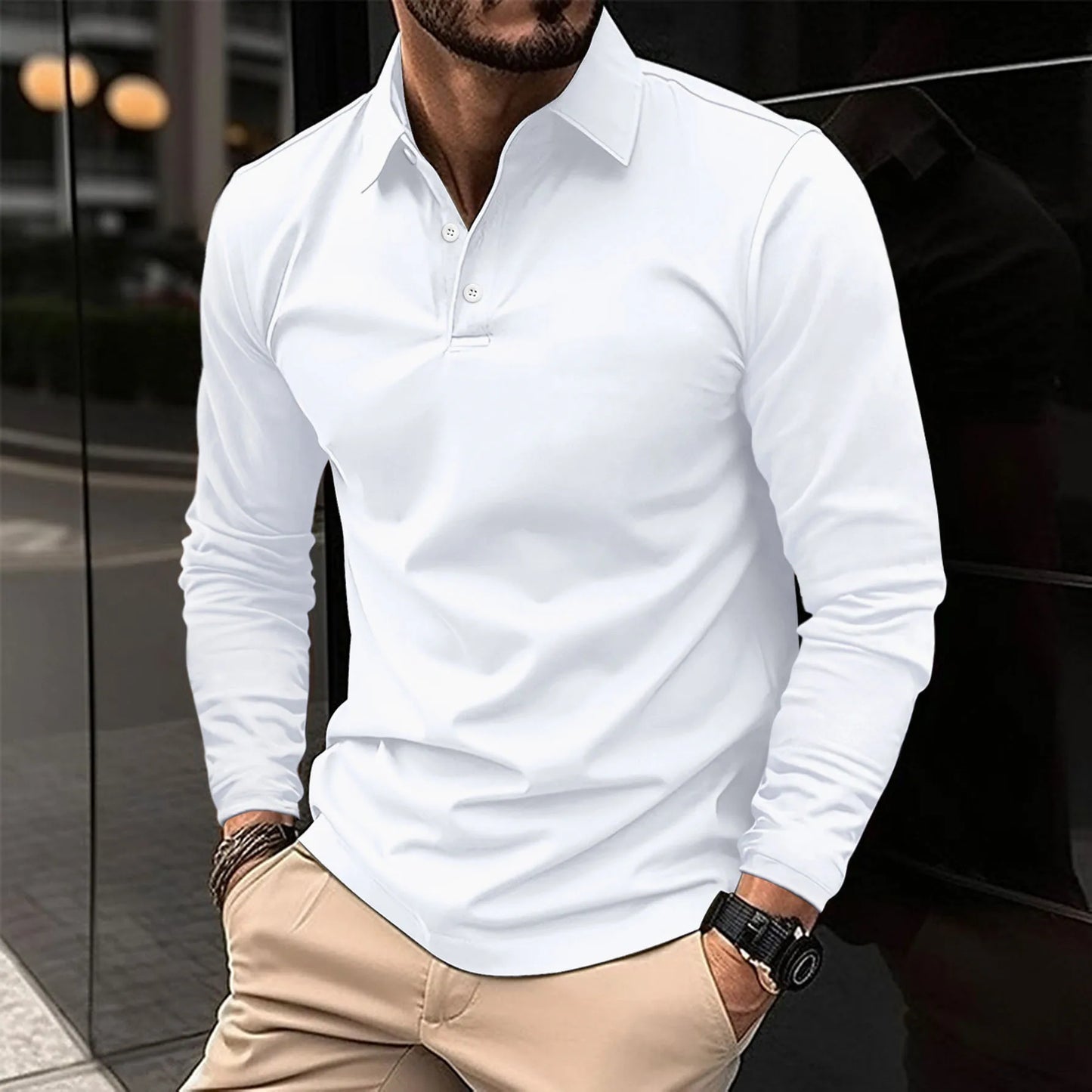 Men's Slim-Fit Long-Sleeve Polo Shirt – Stylish Top for the Office, Smart-Casual Outfits, Evenings, and Everyday Wear
