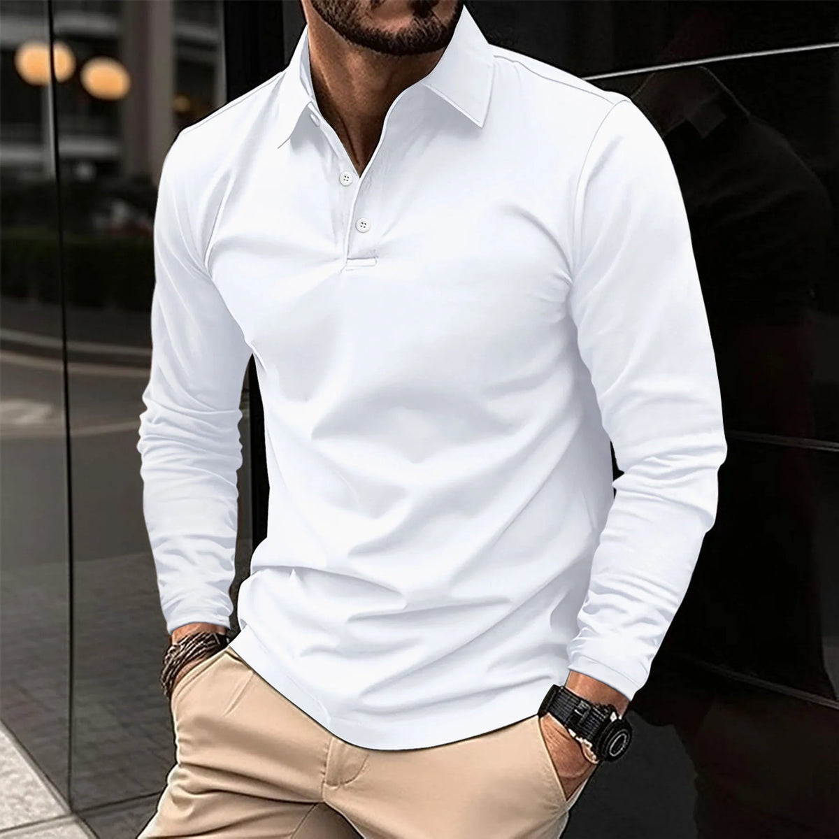 Męska koszulka polo slim fit z długim rękawem i kołnierzykiem – elegancka koszula do biura, na co dzień, na czas wolny i w stylu smart casual