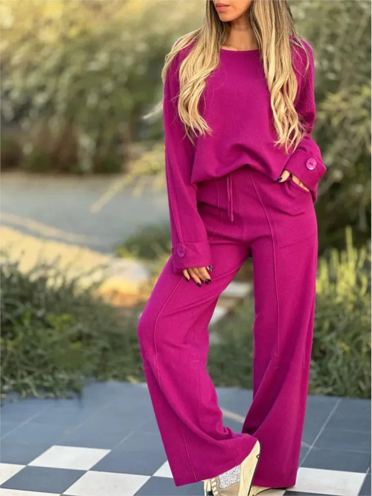 Women's Casual 2-Piece Set With Soft Long-Sleeve Top And Drawstring Wide-Leg Pants - Comfortable Set For Everyday Wear, Leisure And Relaxation
