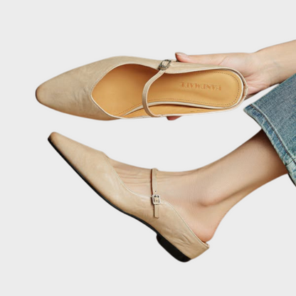 Women's Flat Mules with Pointed Toe and Strap Details – Slip-on Shoes for Everyday Wear, the Office, and Special Occasions