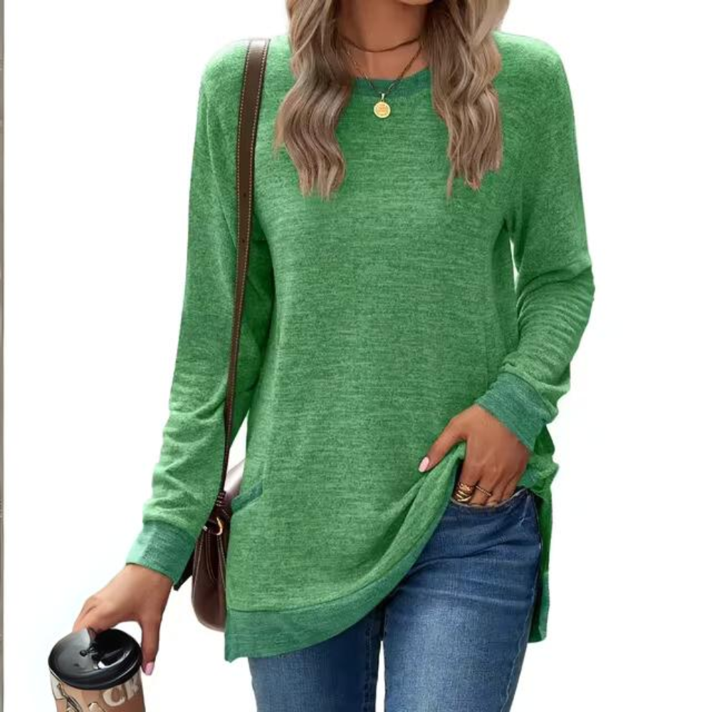 Dame Lang Let Sweatshirt Med Rund Hals Og Afslappet Pasform – Komfortabel Pullover Til Hverdagsbrug, Fritid Og Lag-på-lag Styling