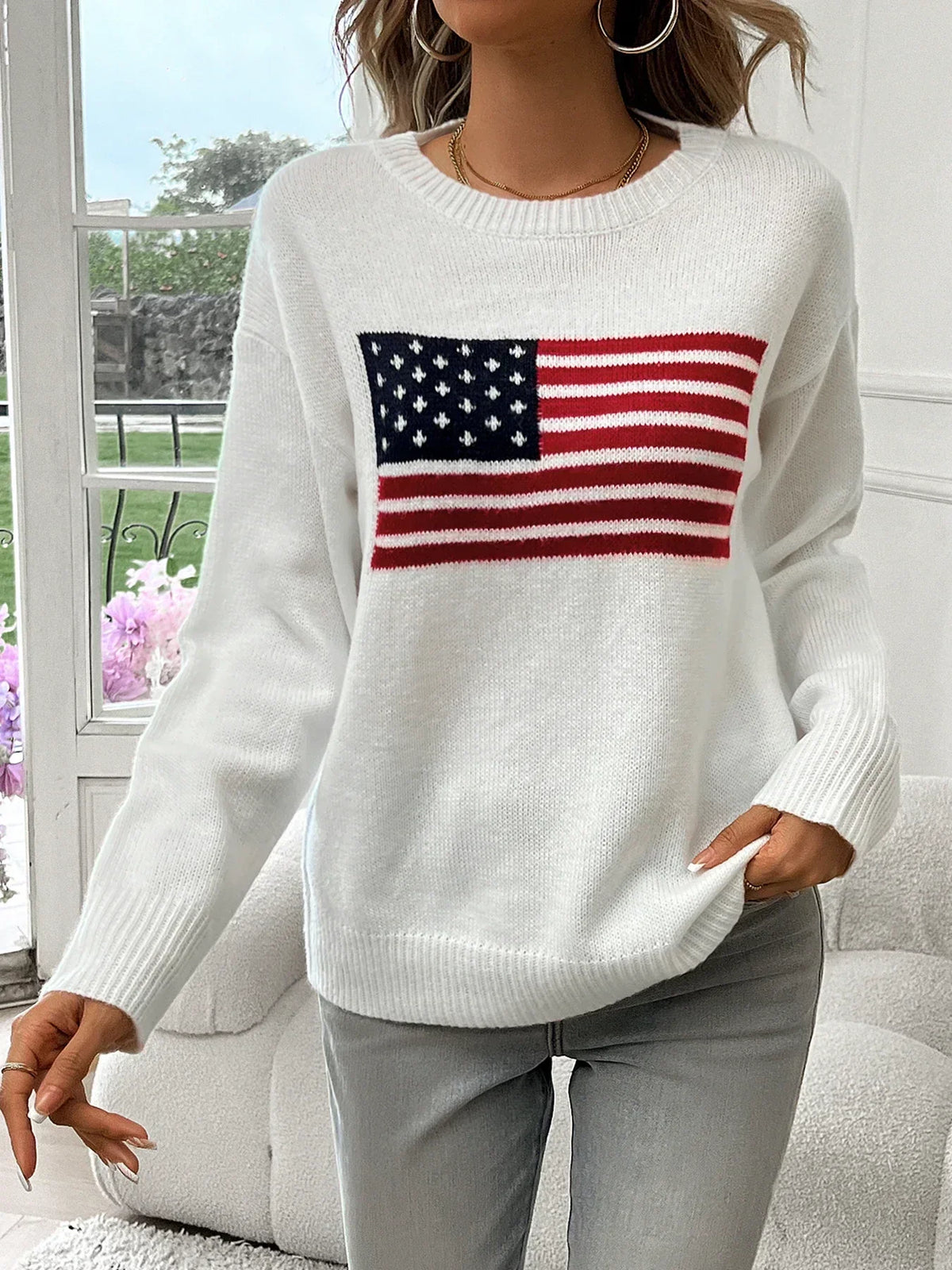 Women's American flag print sweater with crew neck and long sleeves - a casual sweater for fall, winter, and everyday wear