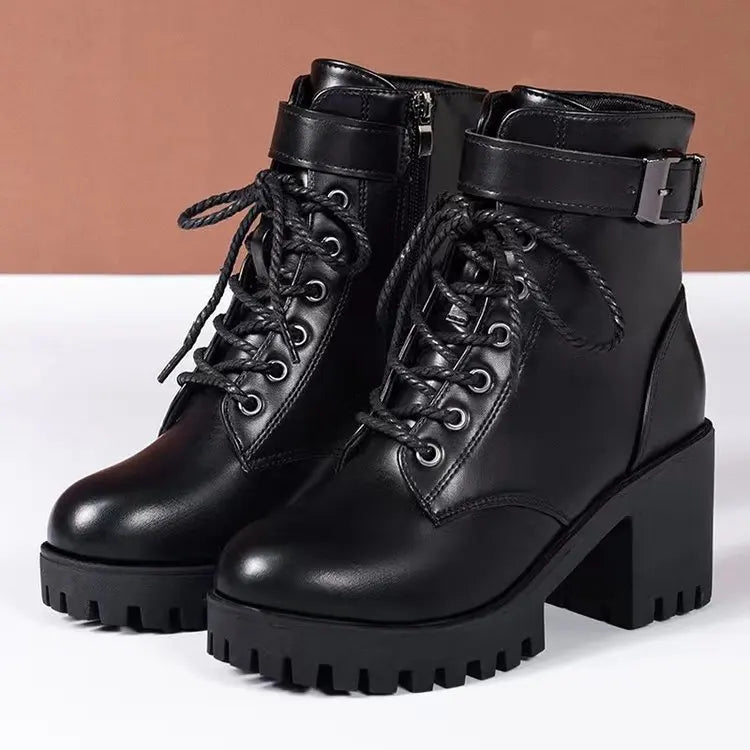Botas con cordones para mujer con suela de plataforma, tacón de bloque grueso y cierre lateral – Modernos botines para otoño, invierno, uso diario y tiempo libre