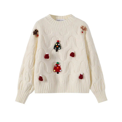 Dame Kabelstrikket Julesweater Med 3d-applikation Og Ballonærmer – Festlig Pullover Til Jul, Vinter, Hverdagsbrug Og Julefester