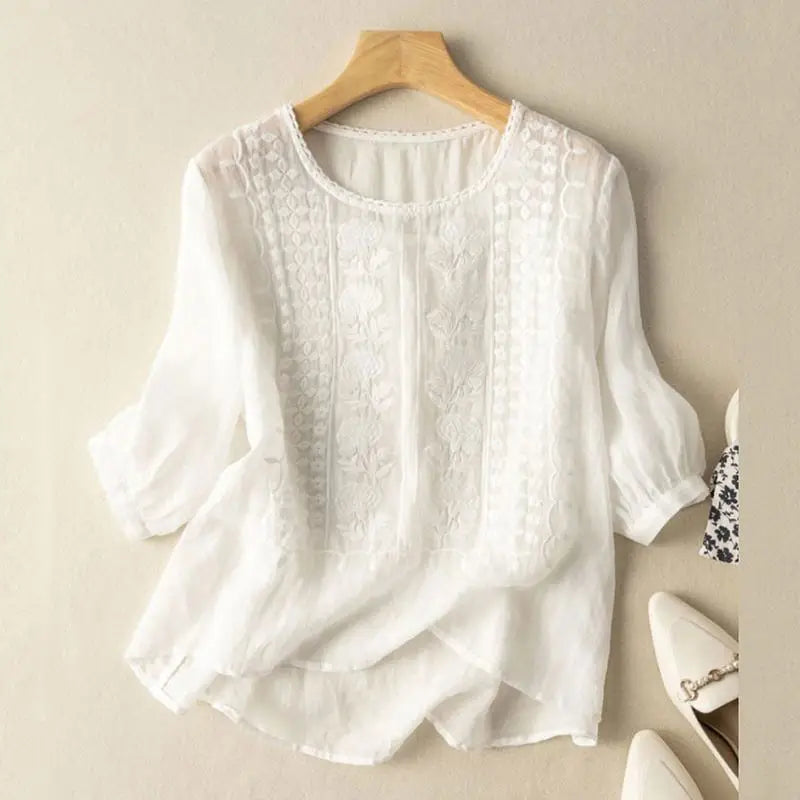 Women's Embroidered Blouse with a Round Neck – Casual Summer Top for Everyday Wear