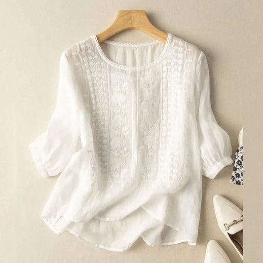 Women's Embroidered Blouse with a Round Neck – Casual Summer Top for Everyday Wear