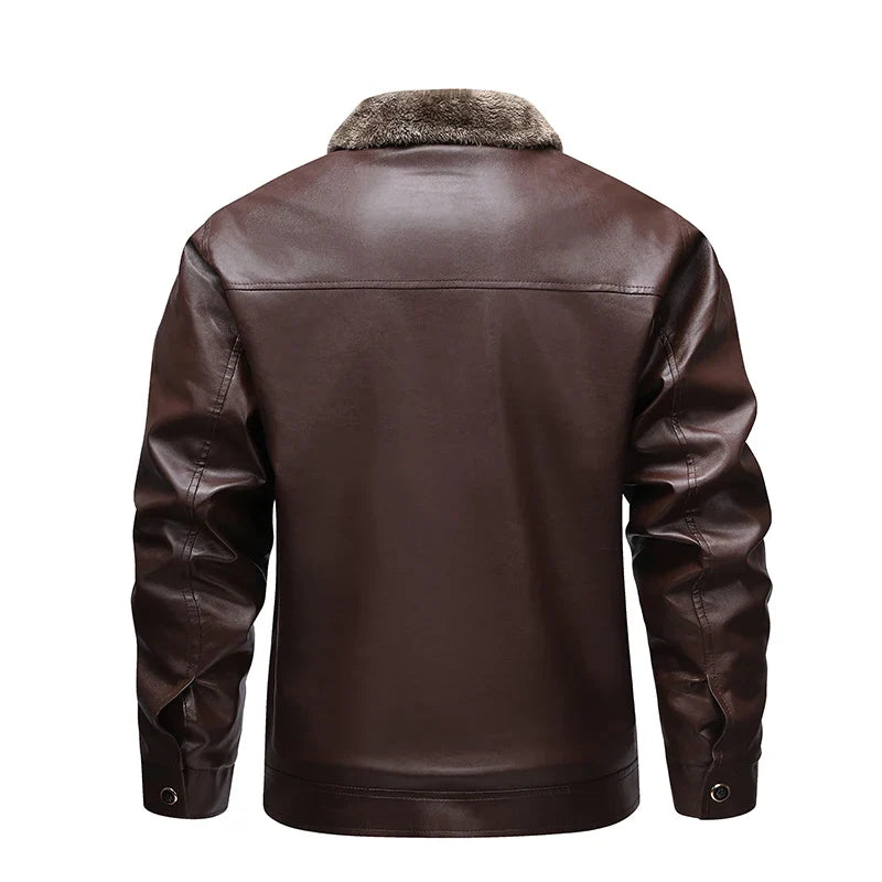 Chaqueta de cuero para hombre, forrada de forro polar, con diseño motero retro y cuello plegado - Chaqueta cálida para otoño, invierno, uso diario y tiempo libre
