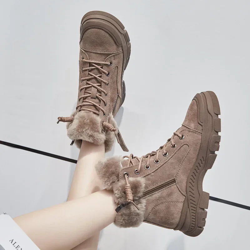 Botas de nieve de cuero auténtico para mujer con forro de felpa, cordones y suela gruesa con dibujo – Cálidos botines de invierno con diseño antideslizante para días fríos y actividades al aire libre