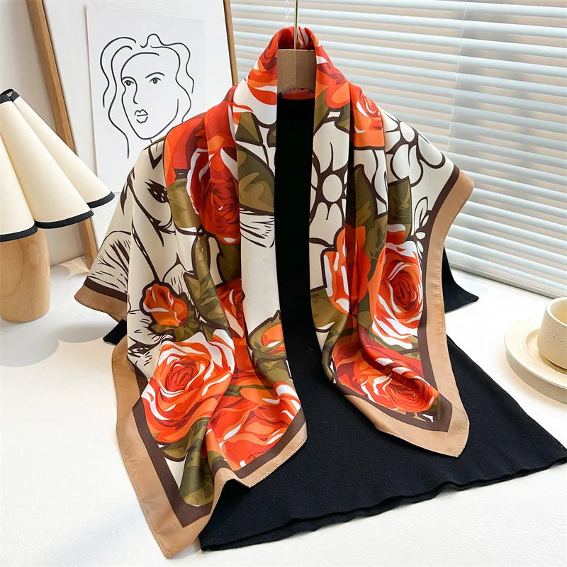 Dame Let Firkantet Tørklæde Med Satin-følelse Og Print – Elegant Tørklæde Til Hår, Hals Og Alsidig Styling Året Rundt