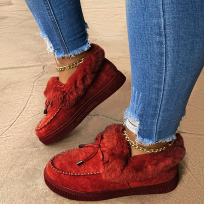 Mocasines de invierno para mujer forrados de felpa, con borde de piel sintética y suela de plataforma – loafers cálidos sin cordones para días fríos, uso diario y tiempo libre