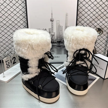 Botas de nieve impermeables para mujer con detalles de felpa, cordones y suela gruesa con dibujo – botas de invierno cálidas para días fríos, uso diario y actividades al aire libre