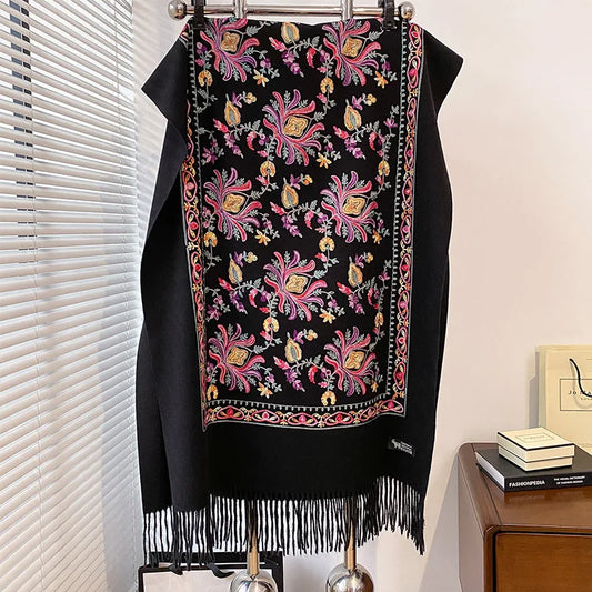 Women's Soft Winter Scarf with Print and Fringes - Oversized Scarf for Cold Days, Everyday Wear and Elegant Winter Style
