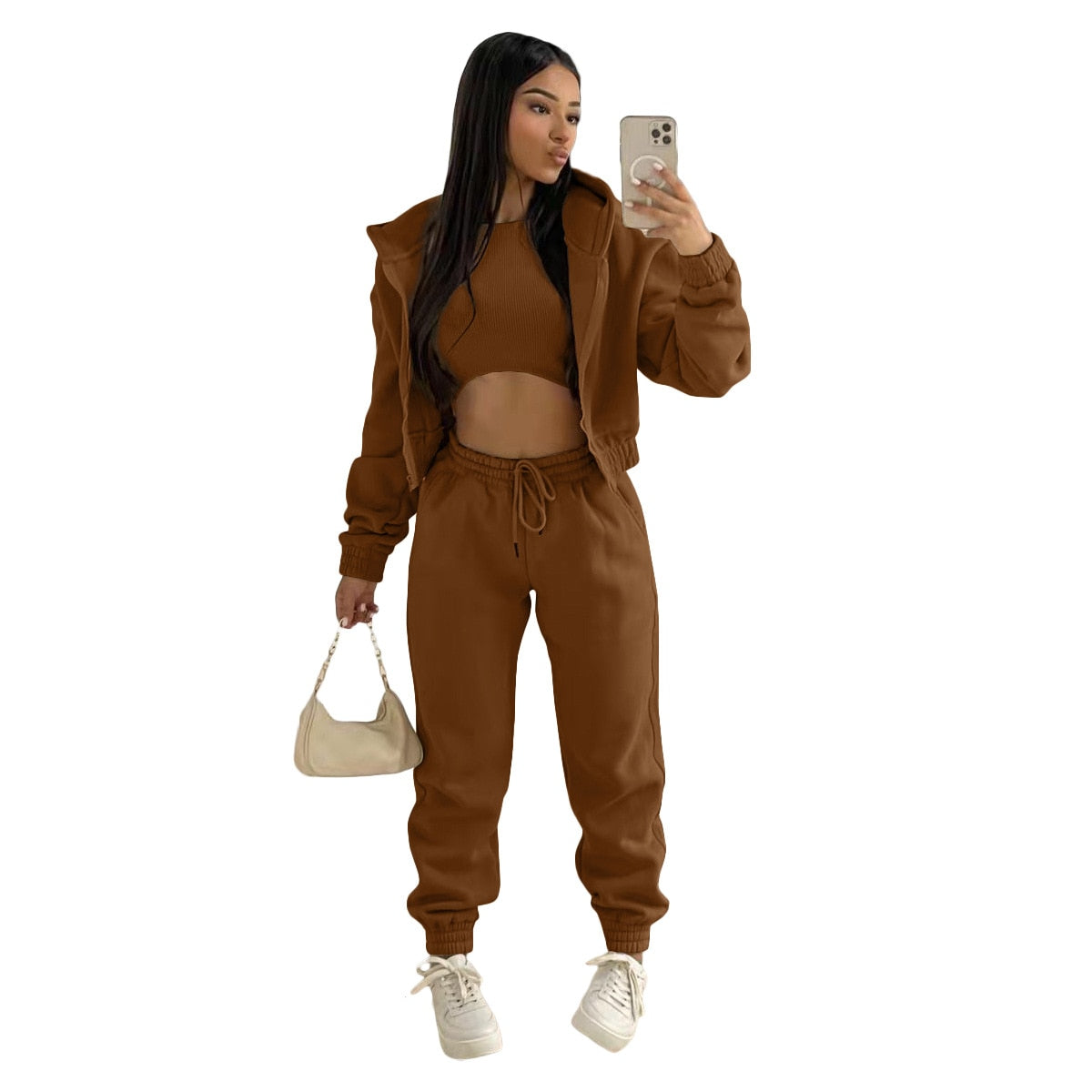 Conjunto deportivo de 3 piezas para mujer con top corto, chaqueta con capucha y joggers – Conjunto abrigado para otoño, invierno, tiempo libre y uso diario