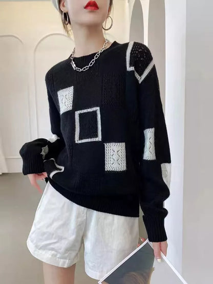 Dame Openwork Patchwork-striksweater Med Rund Hals Og Blandede Teksturer – Afslappet Pullover Til Hverdagsbrug, Fritid Og Lag-på-lag Styling
