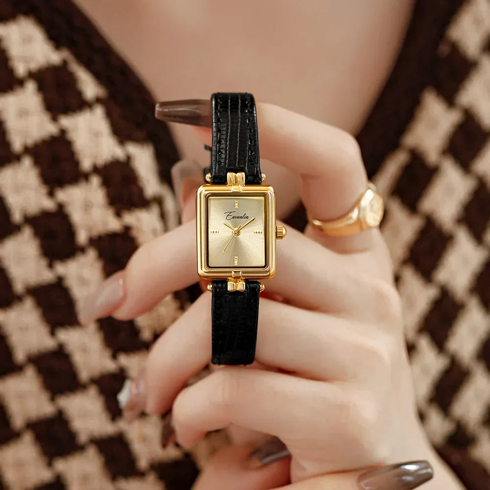Reloj de pulsera para mujer con esfera cuadrada, correa de cuero y caja dorada de acero inoxidable - reloj minimalista para uso diario, trabajo y ocasiones especiales