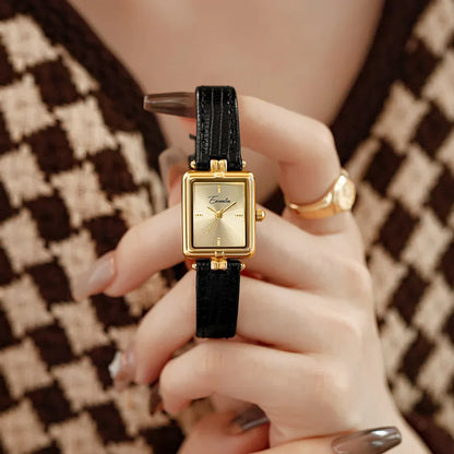 Reloj de pulsera para mujer con esfera cuadrada, correa de cuero y caja dorada de acero inoxidable - reloj minimalista para uso diario, trabajo y ocasiones especiales