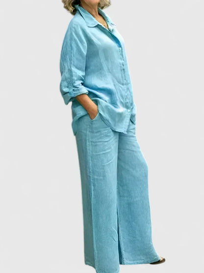 Conjunto de lino para mujer con camisa informal y pantalones de pernera ancha – Conjunto veraniego transpirable de 2 piezas para vacaciones, tiempo libre, uso diario y estilo informal elegante