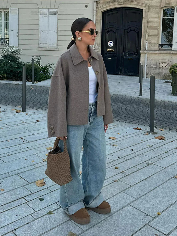 Dame Croppet Afslappet Jakke – Minimalistisk Jakke Med Knapper Til Smart Casual Brug