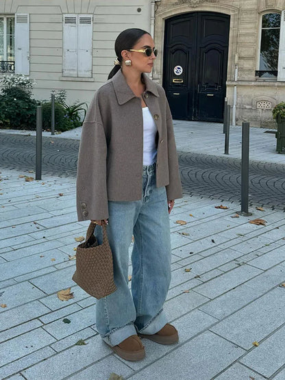 Dame Croppet Afslappet Jakke – Minimalistisk Jakke Med Knapper Til Smart Casual Brug