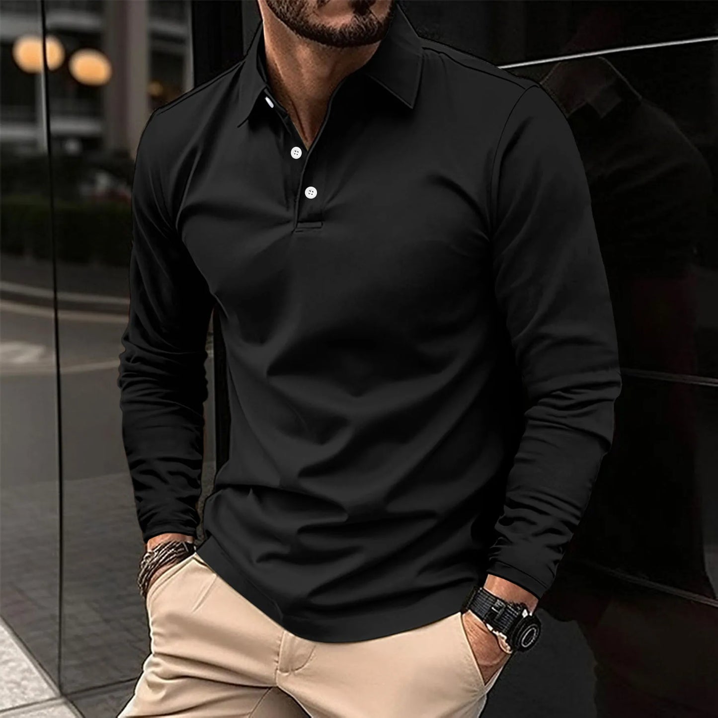 Men's Slim-Fit Long-Sleeve Polo Shirt – Stylish Top for the Office, Smart-Casual Outfits, Evenings, and Everyday Wear