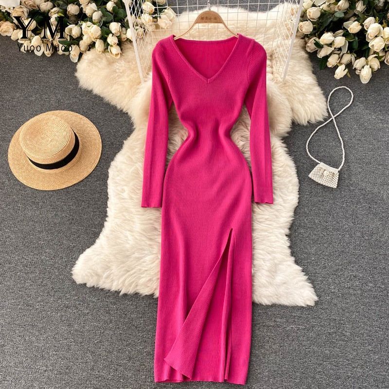 Dame Strikket Maxikjole – Stretch Bodycon Stil Med Høj Slids Til Efterår Og Vinter