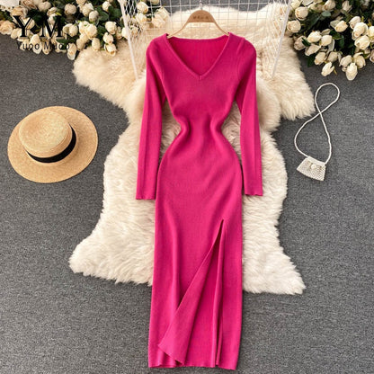 Dame Strikket Maxikjole – Stretch Bodycon Stil Med Høj Slids Til Efterår Og Vinter