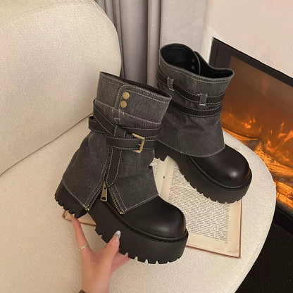Botines para mujer con efecto cuero, correa con hebilla, suela de plataforma y cierre lateral – botas de invierno gruesas estilo combat para otoño, invierno y uso diario