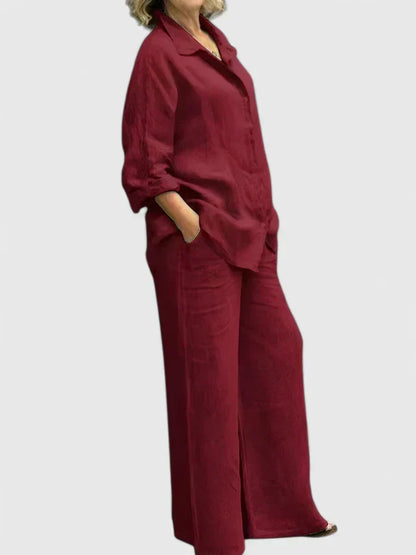 Conjunto de lino para mujer con camisa informal y pantalones de pernera ancha – Conjunto veraniego transpirable de 2 piezas para vacaciones, tiempo libre, uso diario y estilo informal elegante