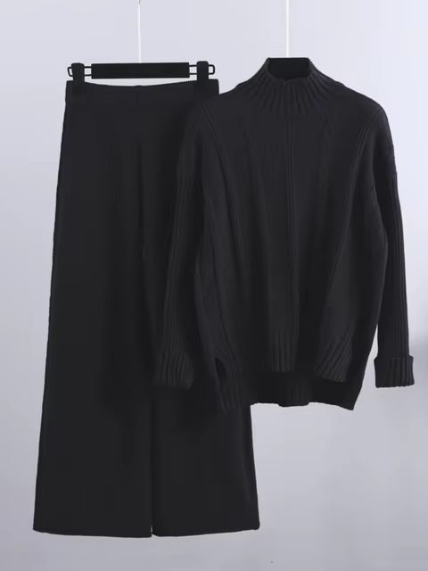 Women's rib-knit 2-piece set with turtleneck sweater and wide-leg pants - warm knit set for fall, winter, and everyday wear
