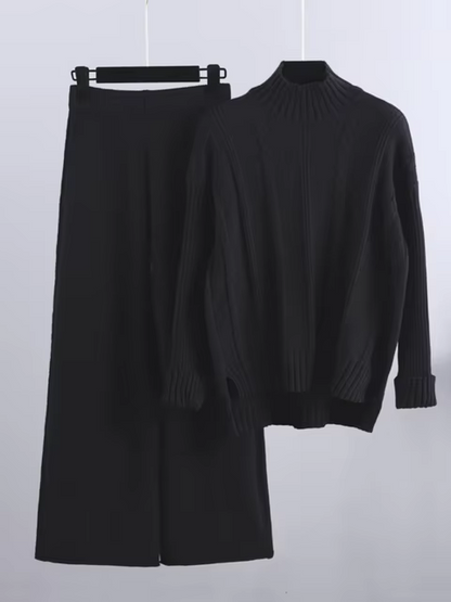 Women's rib-knit 2-piece set with turtleneck sweater and wide-leg pants - warm knit set for fall, winter, and everyday wear