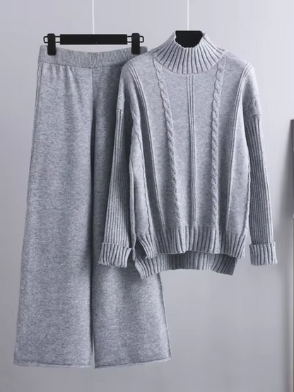 Women's rib-knit 2-piece set with turtleneck sweater and wide-leg pants - warm knit set for fall, winter, and everyday wear