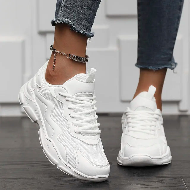 Women's Lightweight Mesh Sneakers with Laces and Panel Design - Low-top Training Shoes with a Thick Cushioned Sole for Everyday Wear, Fitness and Leisure
